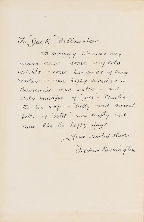 Bonhams : DEDICATION COPY OF REMINGTON'S FIRST BOOK FOR JACK FOLLANSBEE ...