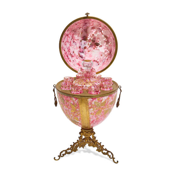 Bonhams : A MOSER BRASS MOUNTED GILT, SILVERED AND ENAMELLED PINK GLASS ...