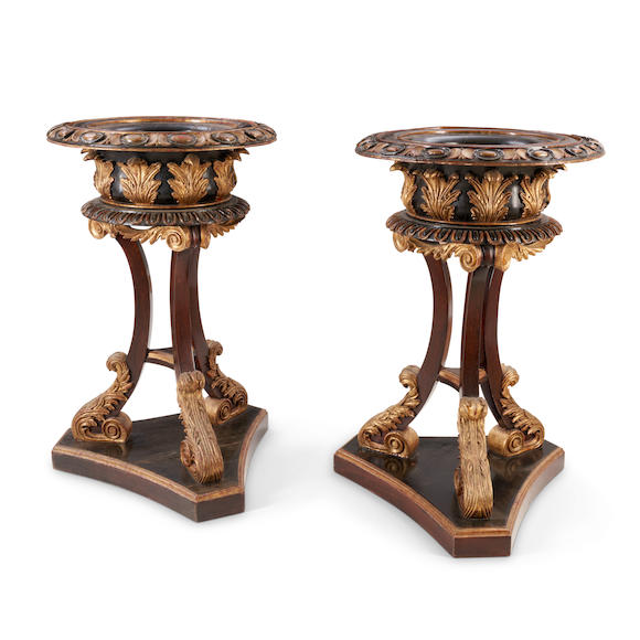 Bonhams Skinner : PAIR OF REGENCY-STYLE MAHOGANY AND GILT PEDESTAL URNS