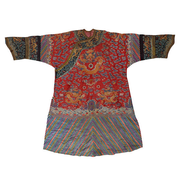 Bonhams : A RED-GROUND EMBROIDERED SILK GAUZE SUMMER 'DRAGON' ROBE Late ...