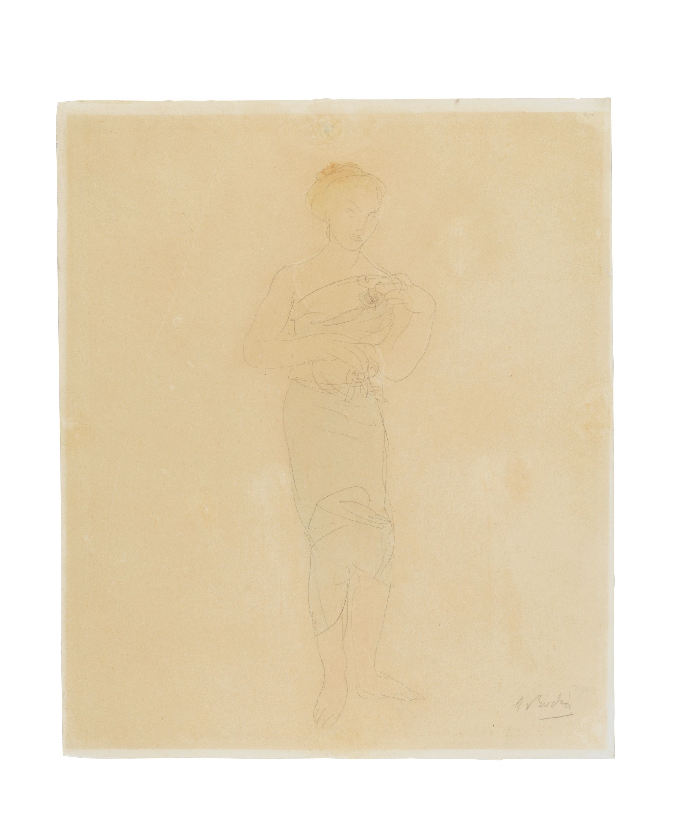 Femme Drapée Debout Aux Épaules Dénudées. Motifs De Fleurs