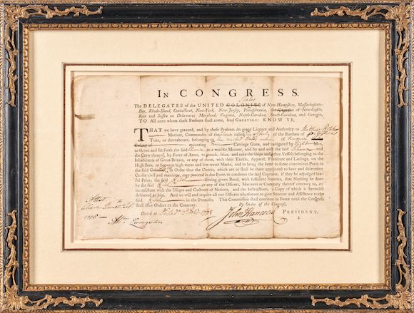 Matthew Ritch Bonhams : REVOLUTIONARY WAR PRIVATEERING COMMISSION. HANCOCK, JOHN ...