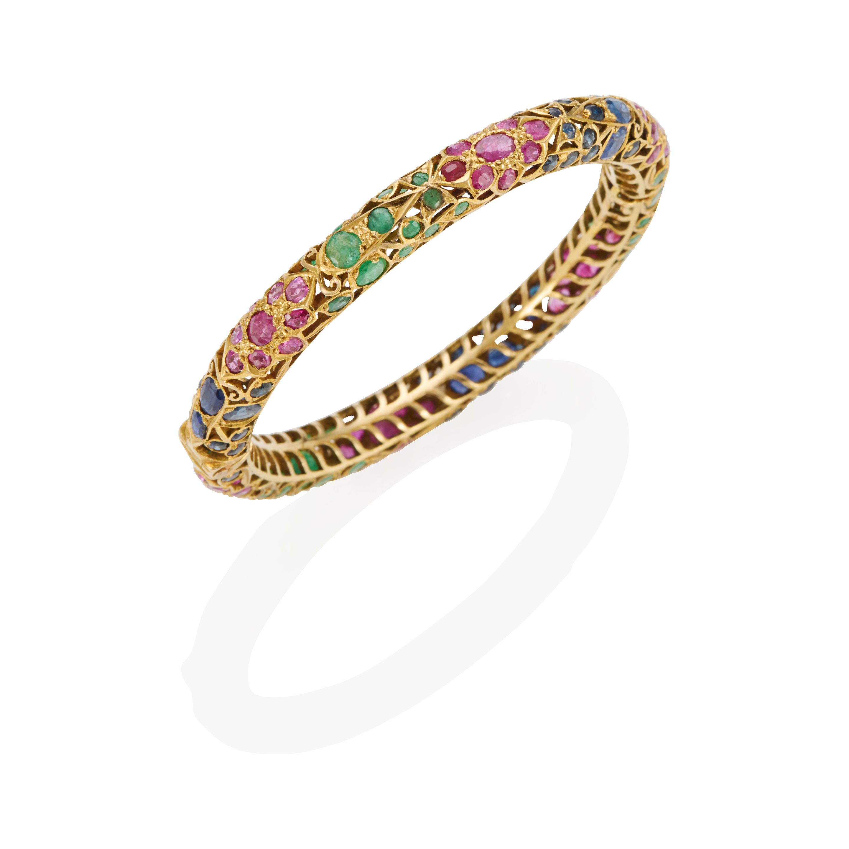 GOLD, RUBY, SAPPHIRE AND EMERALD BANGLE BRACELET