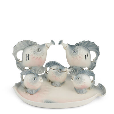 Six-piece Czech Porcelain Fish-form Condiment Set Czech Republic, c. 1960, ink stamp marks "Made in Czechoslovakia," mustard pot with spoon, ht. 2 3/4, salt and pepper shakers, ht. 2 3/4, two pitchers with stoppers, ht. 4 1/2, tray, lg. 10 1/2, wd. 7 in.