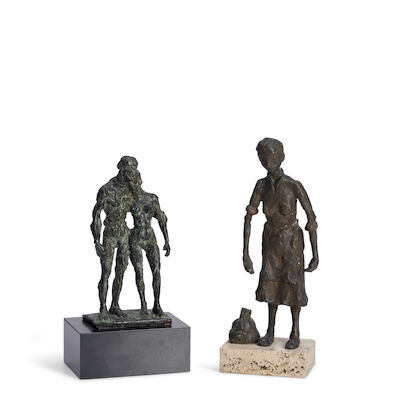 Two Mid-century Modern Bronze Figural Sculptures c. 1960, woman with an apron, incised mark "m g b," total ht. 10 1/2, George Gach (1909 - 1996), nude man and woman, edition 7/200, signed "G. Gach ..," total ht. 9 3/4 in.