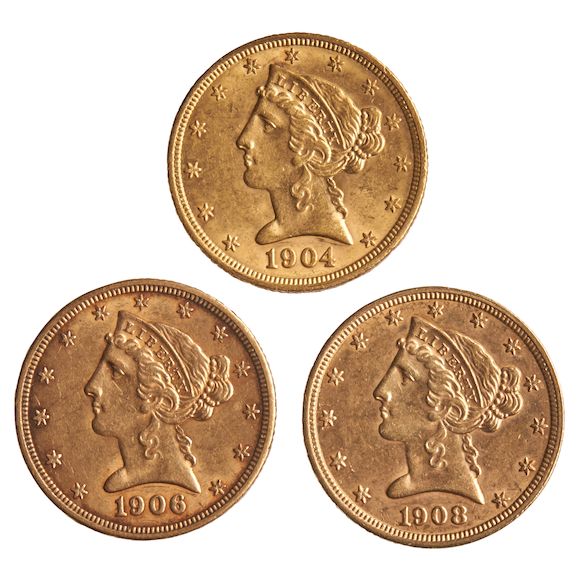 Bonhams Skinner : THREE UNITED STATES LIBERTY HEAD $5 HALF EAGLE GOLD ...
