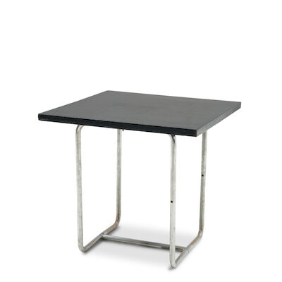 Kurt Frankenschwerth (1901-1982) For Thornet Height-adjustable Table Model Ht 70 Germany, circa 1935, chromed tubular steel, lacquered wood, unmarked, ht. as shown 27 3/8, top 29 3/8 x 29 3/8 in.