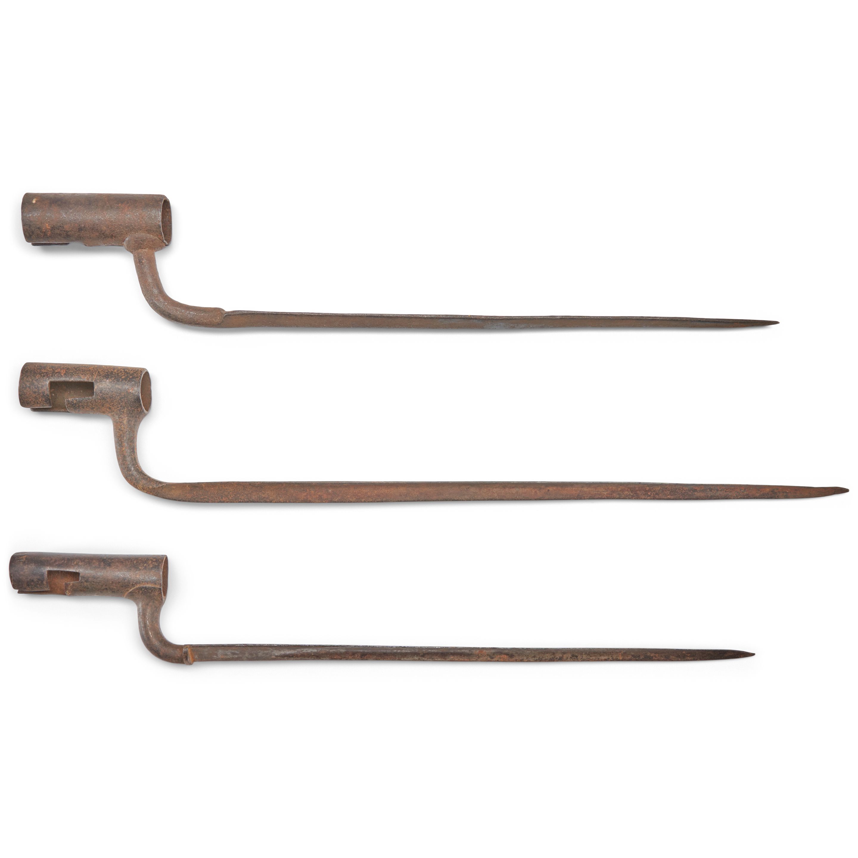 THREE 18TH CENTURY SOCKET BAYONETS.