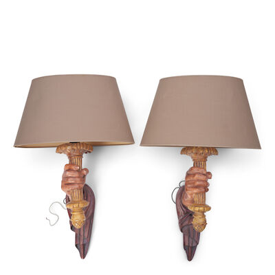 Sirmos (Founded 1972) Pair of Sconces1970Scast resin, fabric shades, single socket, unmarkedheight to top of socket 20in