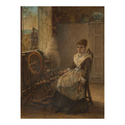 Thomas Hicks (American, 1823-1890) Pricilla Spinning and John Smith Approaching sight size 10 x 7 1/2 in. framed, frame size 19 1/4 x 15 1/4 in.