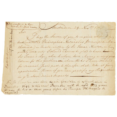 Newton Writes About an Upcoming Edition of the Principia. NEWTON, ISAAC. 1642-1727. -- VERWER, ADRIAEN 1654/5-1717. Autograph note signed integrally ("Sir Isaac Newton"). After November 19, 1715.