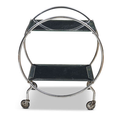 Art Deco Drinks Trolley circa 1935, chromed steel, black enameled and mirror glass, unmarked, ht. 31, wd. 26 1/2, dp. 18 in.