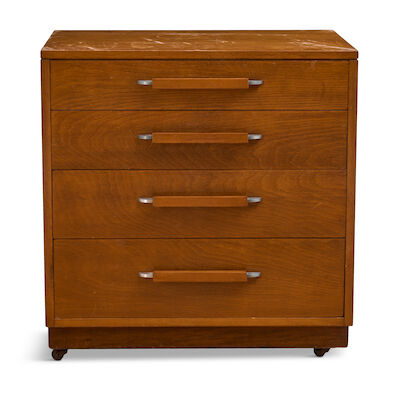Eliel Saarinen, Pipsan Saarinen Swanson and J. Robert Swanson for Johnson Furniture Co. Cabinet Grand Rapids, Michigan, circa 1948, walnut, aluminum, oak secondary wood, stencil mark 'A3,' casters, ht. 31 1/4, wd. 30, dp. 20 1/4 in.
