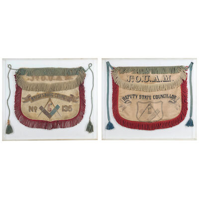Two Framed Junior Order of United American Mechanics Aprons Philadelphia, Pennsylvania, c. 1870