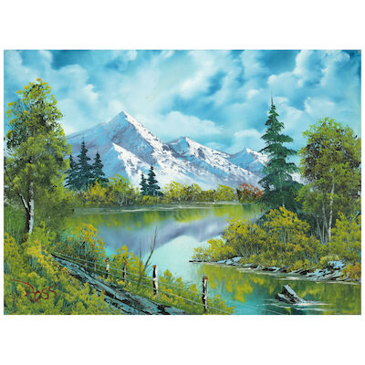 BOB ROSS (1942-1995) Mountains Over a Lake 18 x 24 in. (Painted circa 1984.)