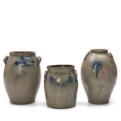 Three Cobalt Glazed Stoneware Urns Maryland, 19th century