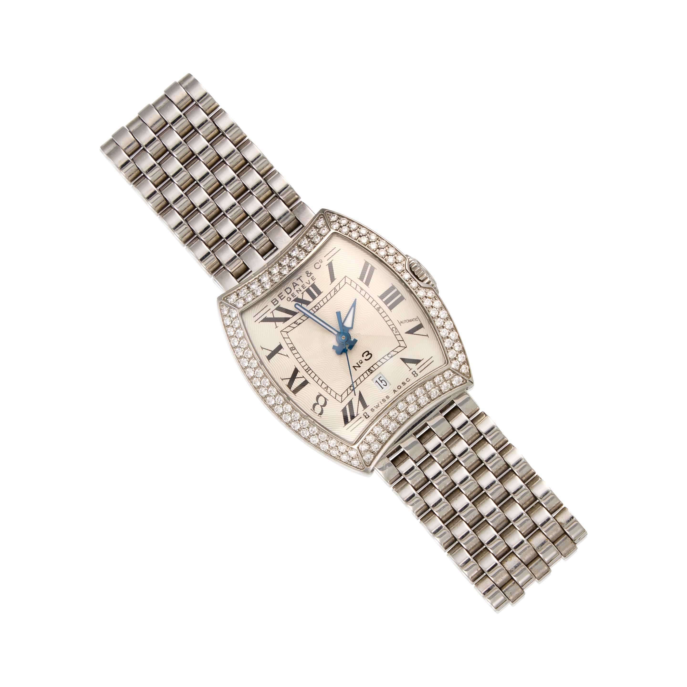 BEDAT & C°: STAINLESS STEEL AND DIAMOND SET CALENDAR BRACELET WATCH