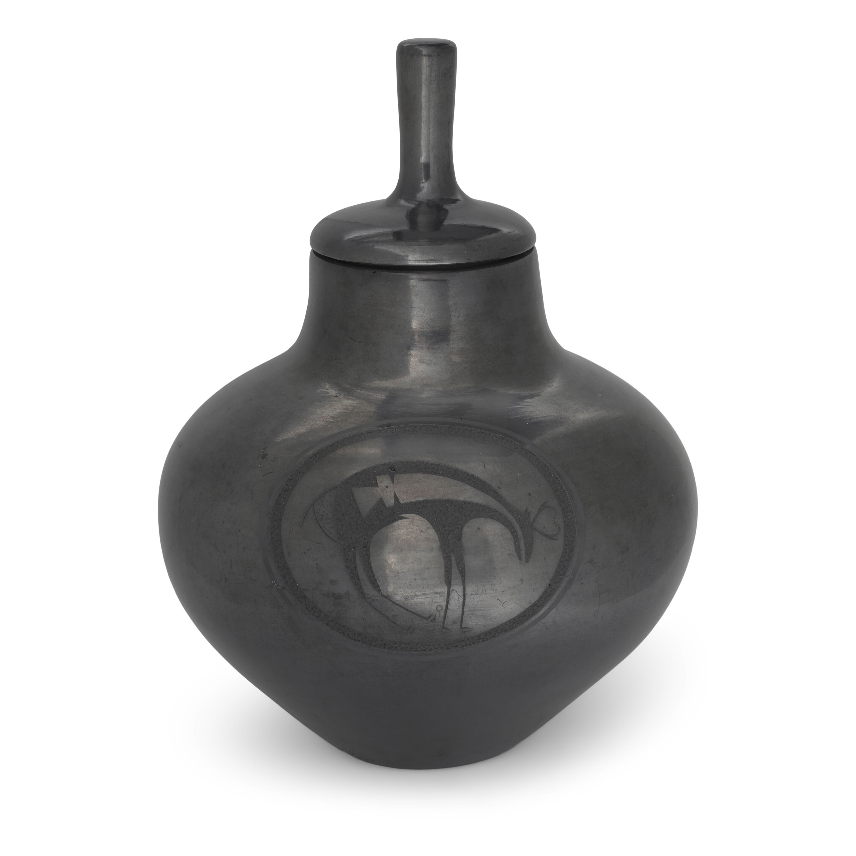 A Maria Martinez and Tony Da sgraffito blackware lidded jar