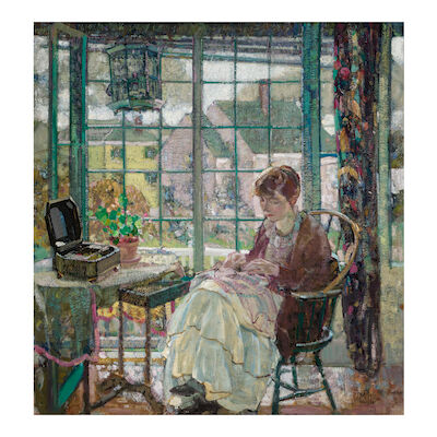 RICHARD EDWARD MILLER (1875-1943) Woman Sewing 36 1/2 x 34 1/8 in. (92.7 x 86.7 cm.) (Painted circa 1927.)