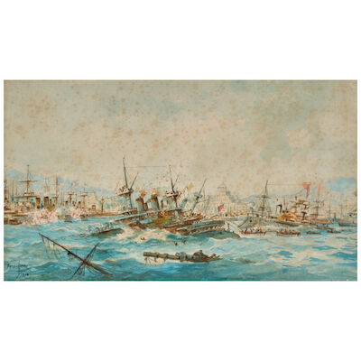 Emile Henry (French, 1822-1920) Naval Battle in the Harbour and Fisherman in Cove Near Ruins (Two Works) each: 10 x 17 in (25.4 x 43.2 cm) (Executed in 1904)