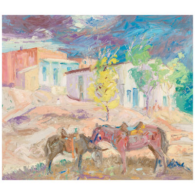 ALBERT HENRY KREHBIEL (1873-1945) Yellow Tree in Village Square (Burro and Horse) 18 x 21 in. (Painted circa 1932.)