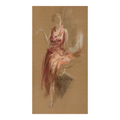 EVERETT SHINN (1876-1953) Portrait of the Artist's Third Wife in a Red Evening Gown 26 1/4 x 13 1/2 in. (66.7 x 34.3 cm.) (Executed circa 1924.)