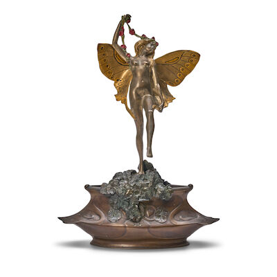 CHARLES KORSCHANN (LATE 19TH/EARLY 20TH CENTURY) BRONZE FIGURE OF A WOMAN WITH BUTTERFLY WINGS Paris, France, circa 1900, cold painted and patinated bronze, incised artist's signature to base 'CH. KORSCHANN PARIS,' foundry mark 'Paris Louchet Ciseleur,' ht. 13 1/2 in.