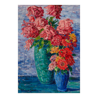 BIRGER SANDZÉN (1871-1954) Chinese Wool Flowers and Zinnias 28 1/4 x 20 in. (Painted in 1923.)