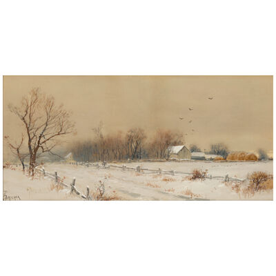ALFRED THOMPSON BRICHER (1837-1908) Farmhouse in the Snow 10 x 21 1/2 in. (25.4 x 54.6 cm.)
