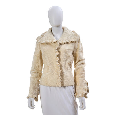J. MENDEL: WHITE FUR JACKET WITH RUFFLE TRIM