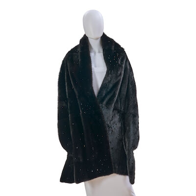UNSIGNED: BLACK FUR RHINESTONE EMBELLISHED STOLE
