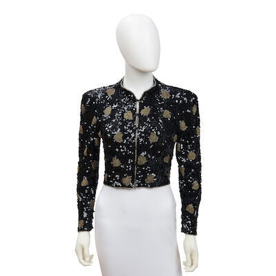 LORIS AZZARO: BLACK AND GOLD SEQUIN HEART CROP JACKET