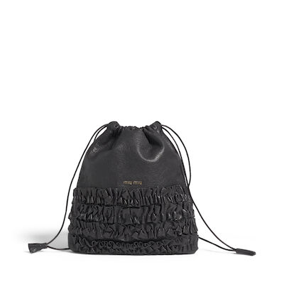 MIU MIU: BLACK LEATHER RUFFLE DRAWSTRING WRISTLET