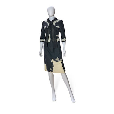 MOSCHINO: BLACK AND WHITE WOOL BRUSHSTROKE SKIRT SUIT ENSEMBLE