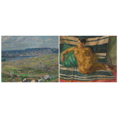 JOHN SLOAN (1871-1951) Landscape Sketch and Brunette Nude, Striped Blanket: A Double-Sided Work 33 x 39 1/4 in. (83.8 x 99.7 cm.) (Painted in 1917; Painted in 1928-30.)