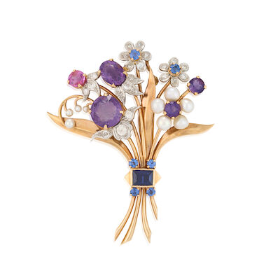 A RETRO GEM-SET, CULTURED PEARL, AND DIAMOND BROOCH