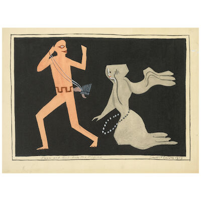 STUART DAVIS (1892-1964) Faun and Girl from "The Puritans" 12 x 17 1/2 in. (30.5 x 44.5 cm.), image; 18 1/2 x 23 1/2 in. (47 x 59.7 cm.), sheet (Executed in 1923.)