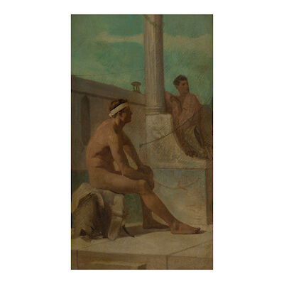 THOMAS WILMER DEWING (1851-1938) The Waiting Athlete (A Gladiator) 10 3/8 x 6 1/8 in. (26.3 x 15.6 cm.) (Painted in 1878.)