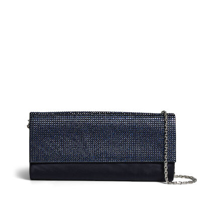 JUDITH LEIBER: NAVY CRYSTAL EMBELLISHED SATIN EVENING CLUTCH
