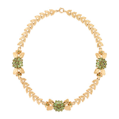 TIFFANY & CO.: A RETRO 14K GOLD AND GREEN TOURMALINE NECKLACE