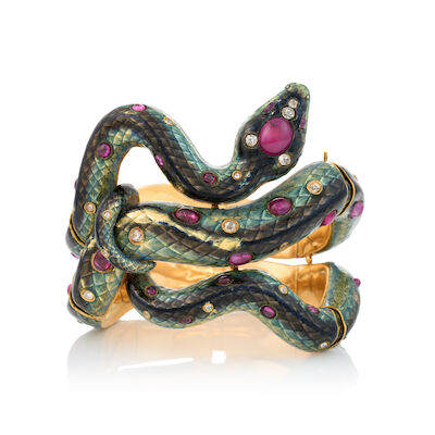 ALEXIS FALIZE: AN ANTIQUE ENAMEL, RUBY, AND DIAMOND SNAKE BRACELET, FRANCE