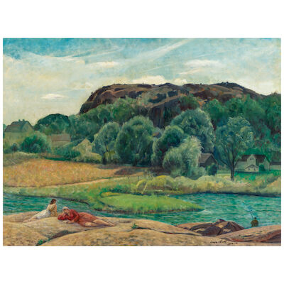 LEON KROLL (1884-1974) Landscape with Two Girls on Rock #3 27 x 36 1/4 in. (68.6 x 92.1 cm.) (Painted in 1964-65.)