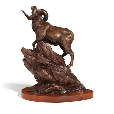 CLARK EVERICE BRONSON (BORN 1939) 'The Chadwick Ram' Worlds Record Stone's Sheep 16 in. high on a 1 1/4 in. high wood base