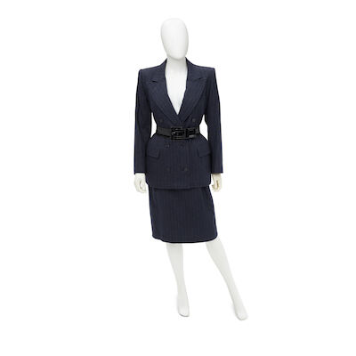 YVES SAINT LAURENT: GREY PINSTRIPE WOOL THREE-PIECE SUIT