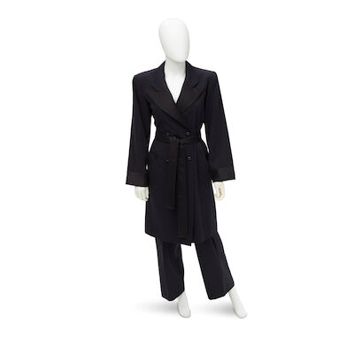 YVES SAINT LAURENT: NAVY WOOL COAT PANTSUIT WITH BLACK SATIN LAPEL TRIM