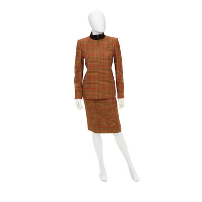 VALENTINO: BROWN AND ORANGE HERRINGBONE ZIP SKIRT SUIT ENSEMBLE