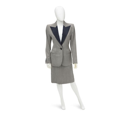 YVES SAINT LAURENT: BLACK SPECKLED WOOL SUIT WITH BLACK MOIRE TRIM DETAIL