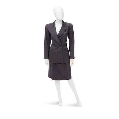 YVES SAINT LAURENT: GREY AND BLUE PINSTRIPE SUIT