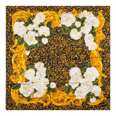 CHANEL: CAMELLIA SILK PRINT SCARF 95cm