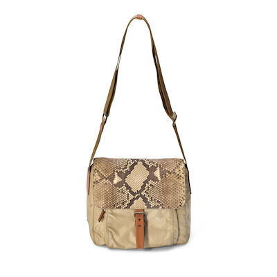 PRADA: BEIGE NYLON AND PYTHON MESSENGER BAG